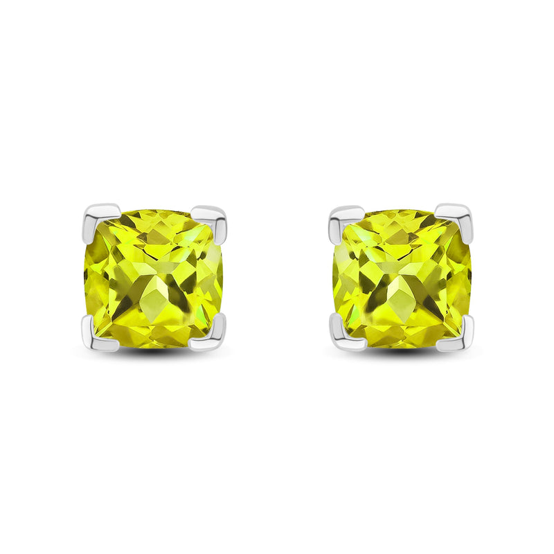9ct White Gold Cushion Natural Peridot Claw Stud Earrings — 6mm