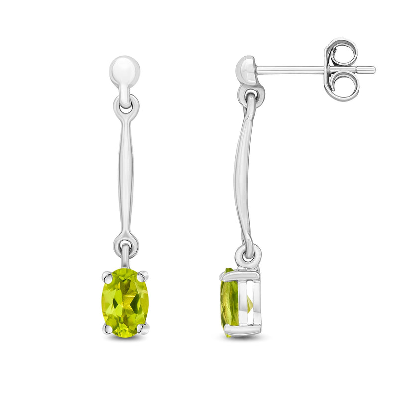 9ct White Gold Oval Natural Peridot Claw Bar Drop Earrings — 6x4mm