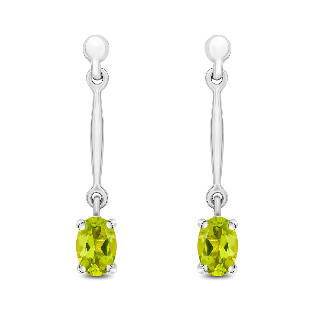 9ct White Gold Oval Natural Peridot Claw Bar Drop Earrings — 6x4mm