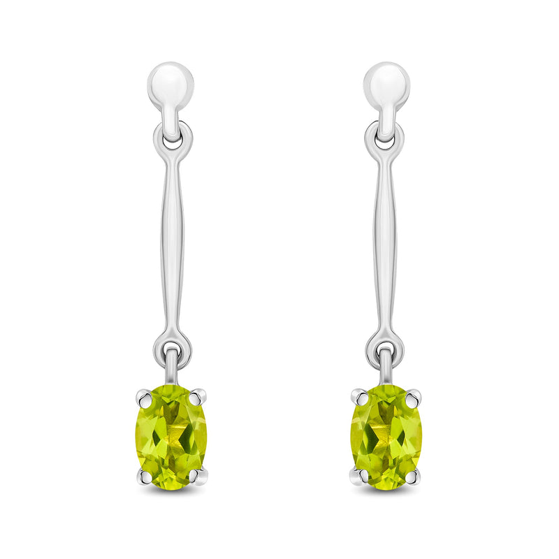 9ct White Gold Oval Natural Peridot Claw Bar Drop Earrings — 6x4mm