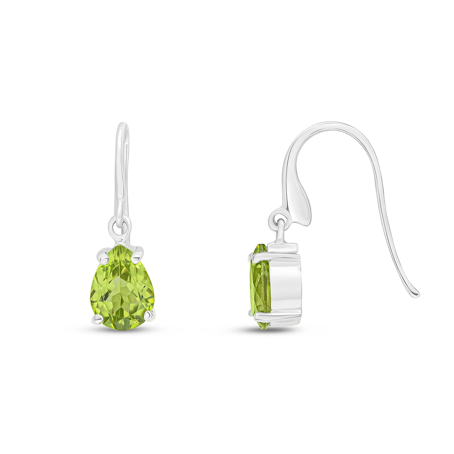 9ct White Gold Pear Shaped Natural Peridot Claw Wire Hook Drop Earrings — 7x5mm