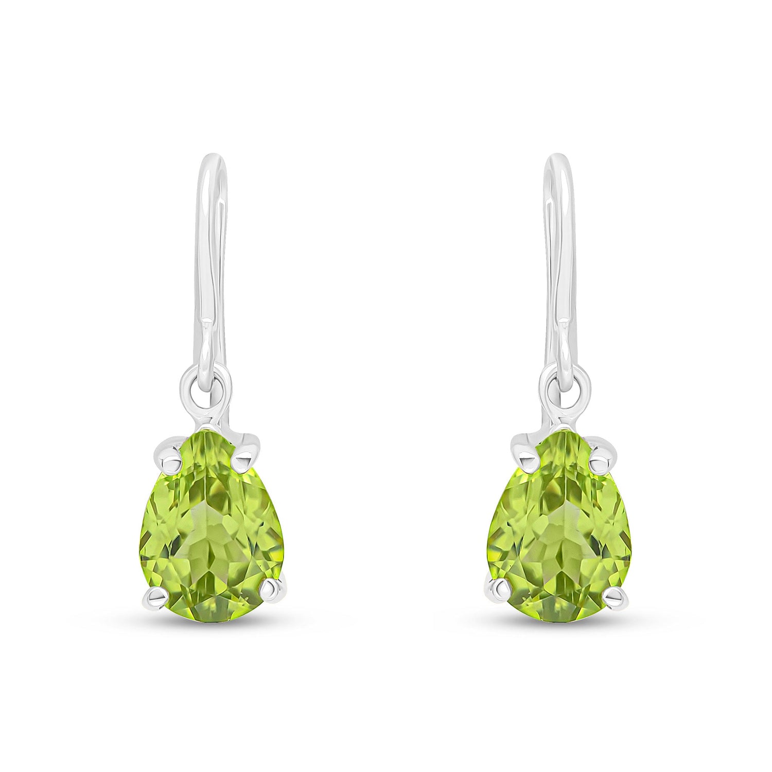 9ct White Gold Pear Shaped Natural Peridot Claw Wire Hook Drop Earrings — 7x5mm