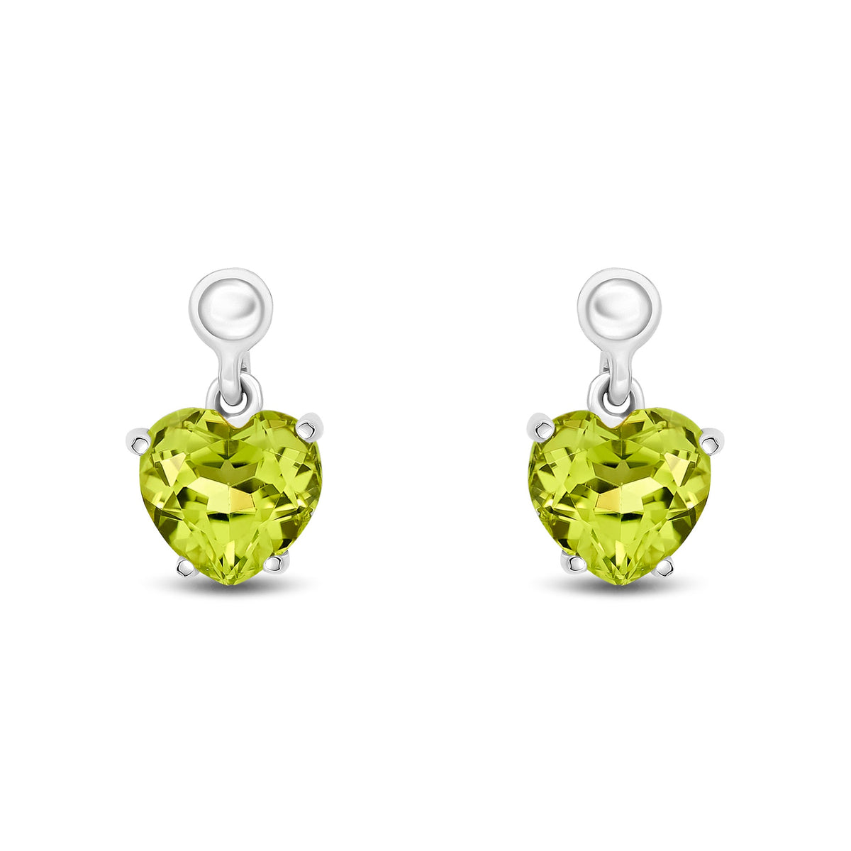 9ct White Gold Heart Shaped Natural Peridot Claw Drop Earrings with Bead Top — 6mm