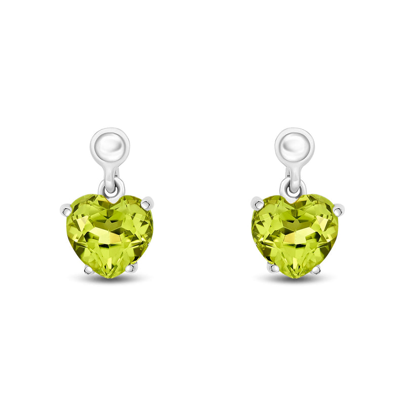 9ct White Gold Heart Shaped Natural Peridot Claw Drop Earrings with Bead Top — 6mm