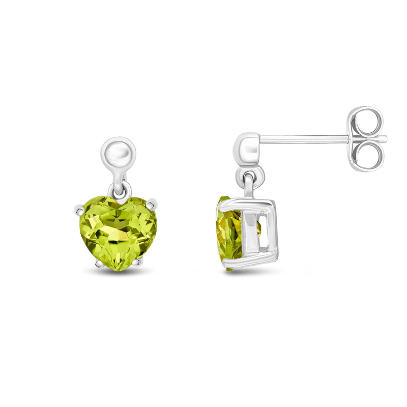 9ct White Gold Heart Shaped Natural Peridot Claw Drop Earrings with Bead Top — 6mm