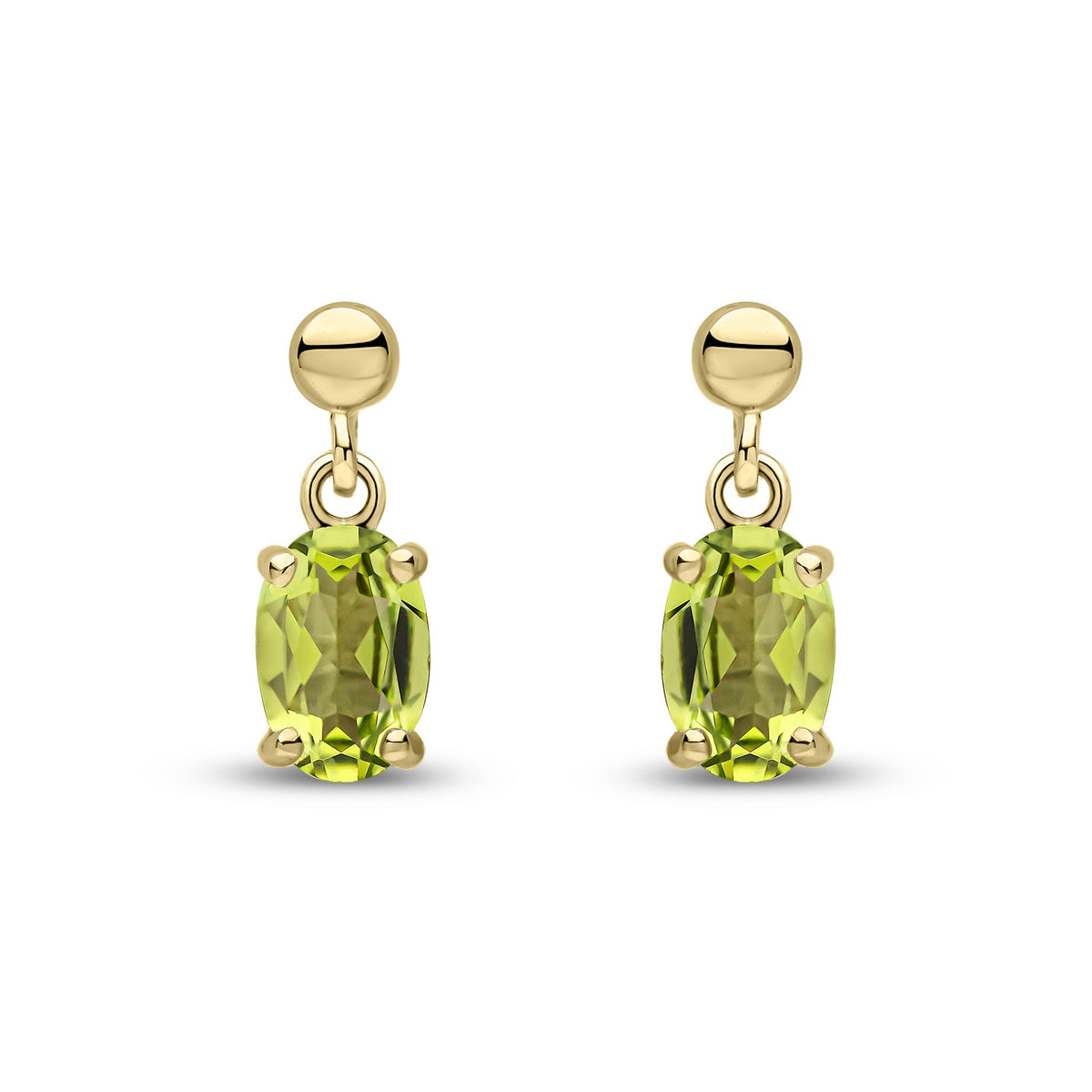 9ct Yellow Gold Oval Natural Peridot Claw Drop Earrings with Bead Top — 6x4mm