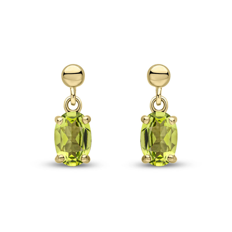 9ct Yellow Gold Oval Natural Peridot Claw Drop Earrings with Bead Top — 6x4mm