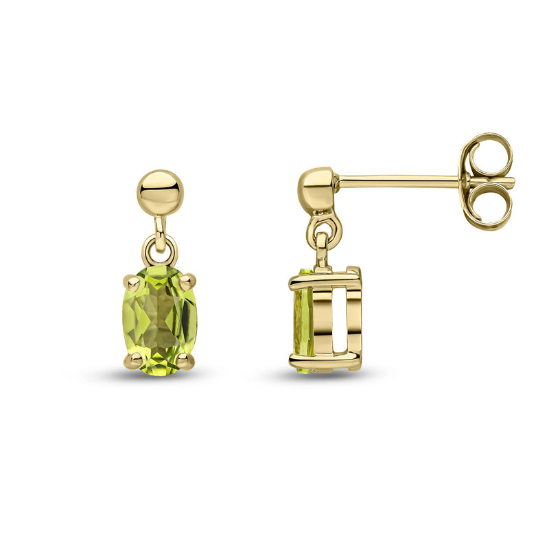 9ct Yellow Gold Oval Natural Peridot Claw Drop Earrings with Bead Top — 6x4mm