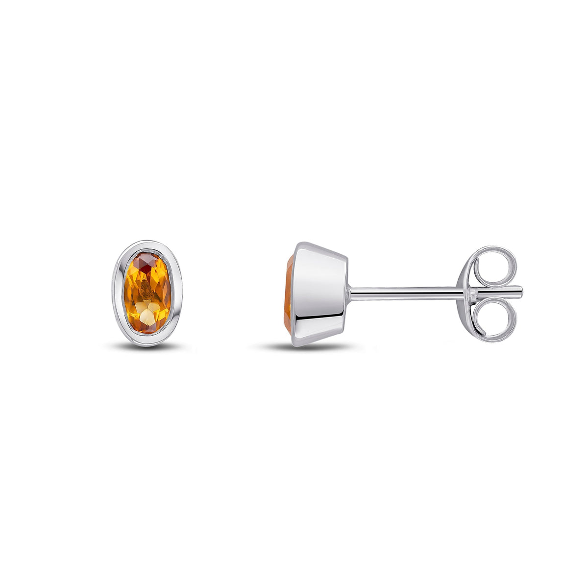9ct White Gold Oval Natural Citrine Rubover Stud Earrings — 5x3mm