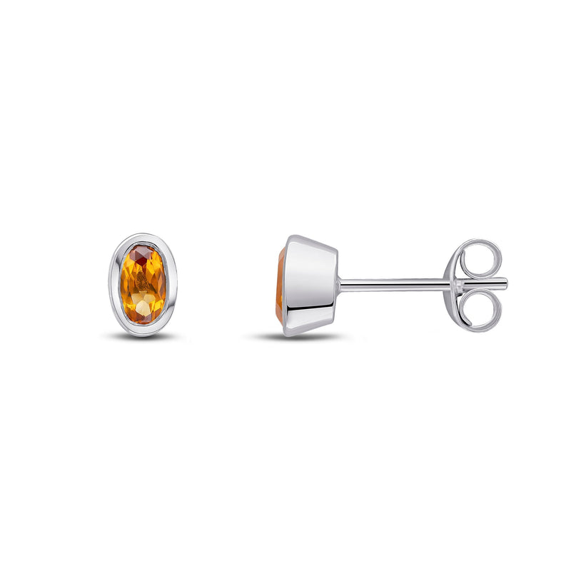 9ct White Gold Oval Natural Citrine Rubover Stud Earrings — 5x3mm