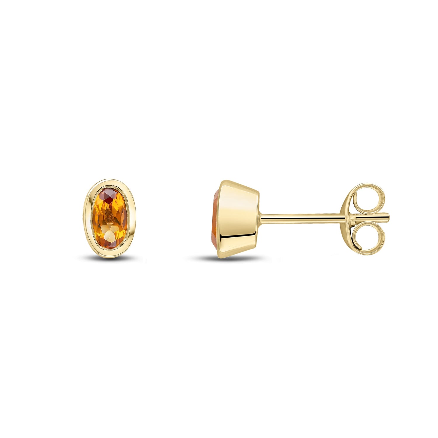 9ct Yellow Gold Oval  Natural Citrine Rubover Stud Earrings — 5x3mm