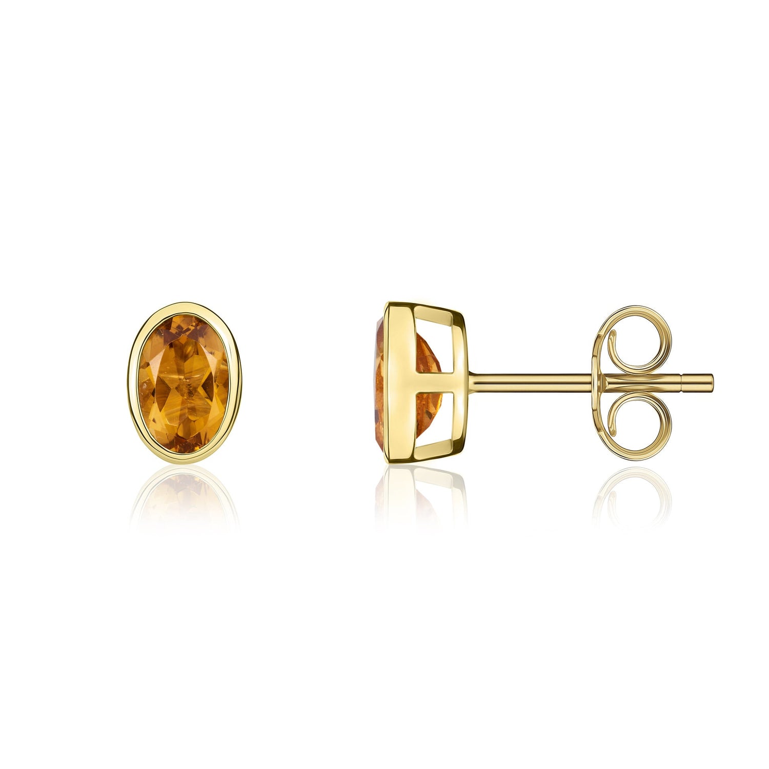 9ct Yellow Gold Oval Natural Citrine Rubover Stud Earrings — 6x4mm
