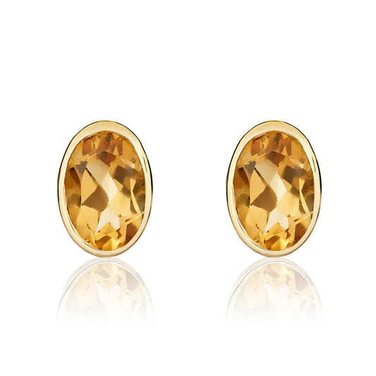 9ct Yellow Gold Oval Natural Citrine Rubover Stud Earrings — 7x5mm