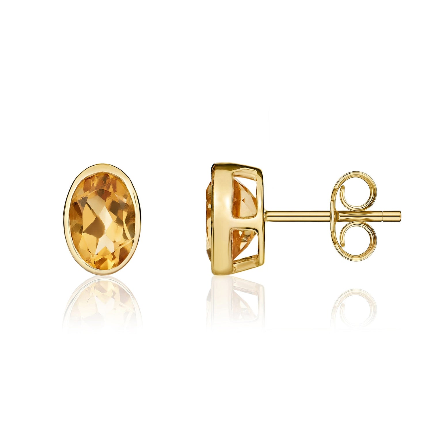 9ct Yellow Gold Oval Natural Citrine Rubover Stud Earrings — 7x5mm