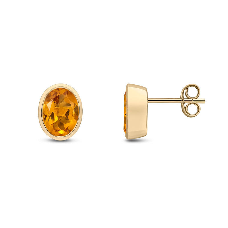 9ct Yellow Gold Oval Natural Citrine Rubover Stud Earrings — 8x6mm