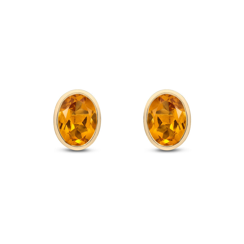 9ct Yellow Gold Oval Natural Citrine Rubover Stud Earrings — 8x6mm