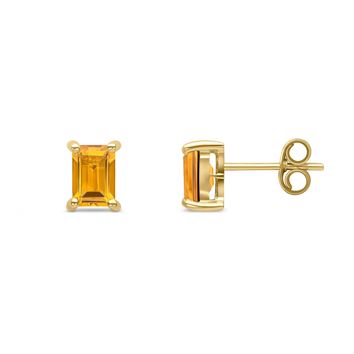 9ct Yellow Gold Octagonal Emerald Cut Natural Citrine Claw Stud Earrings — 6x4mm
