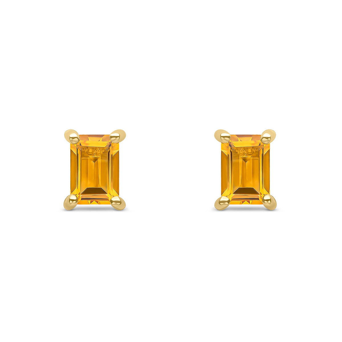 9ct Yellow Gold Octagonal Emerald Cut Natural Citrine Claw Stud Earrings — 6x4mm