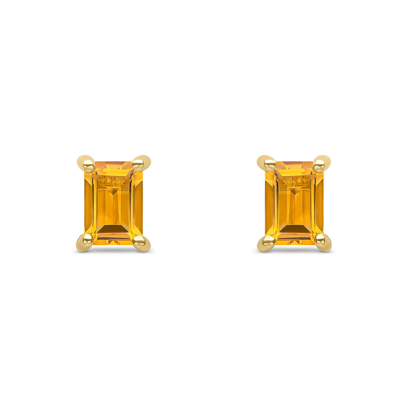 9ct Yellow Gold Octagonal Emerald Cut Natural Citrine Claw Stud Earrings — 6x4mm