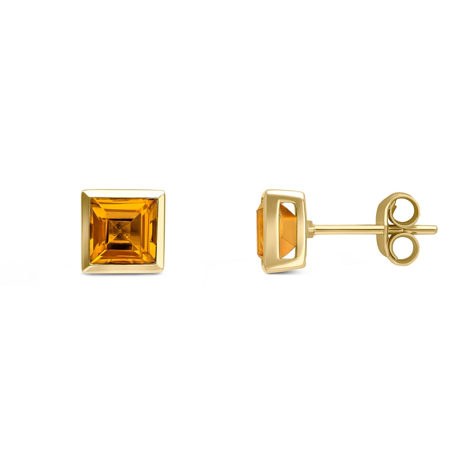 9ct Yellow Gold Square Cut Natural Citrine Rubover Stud Earrings — 5mm