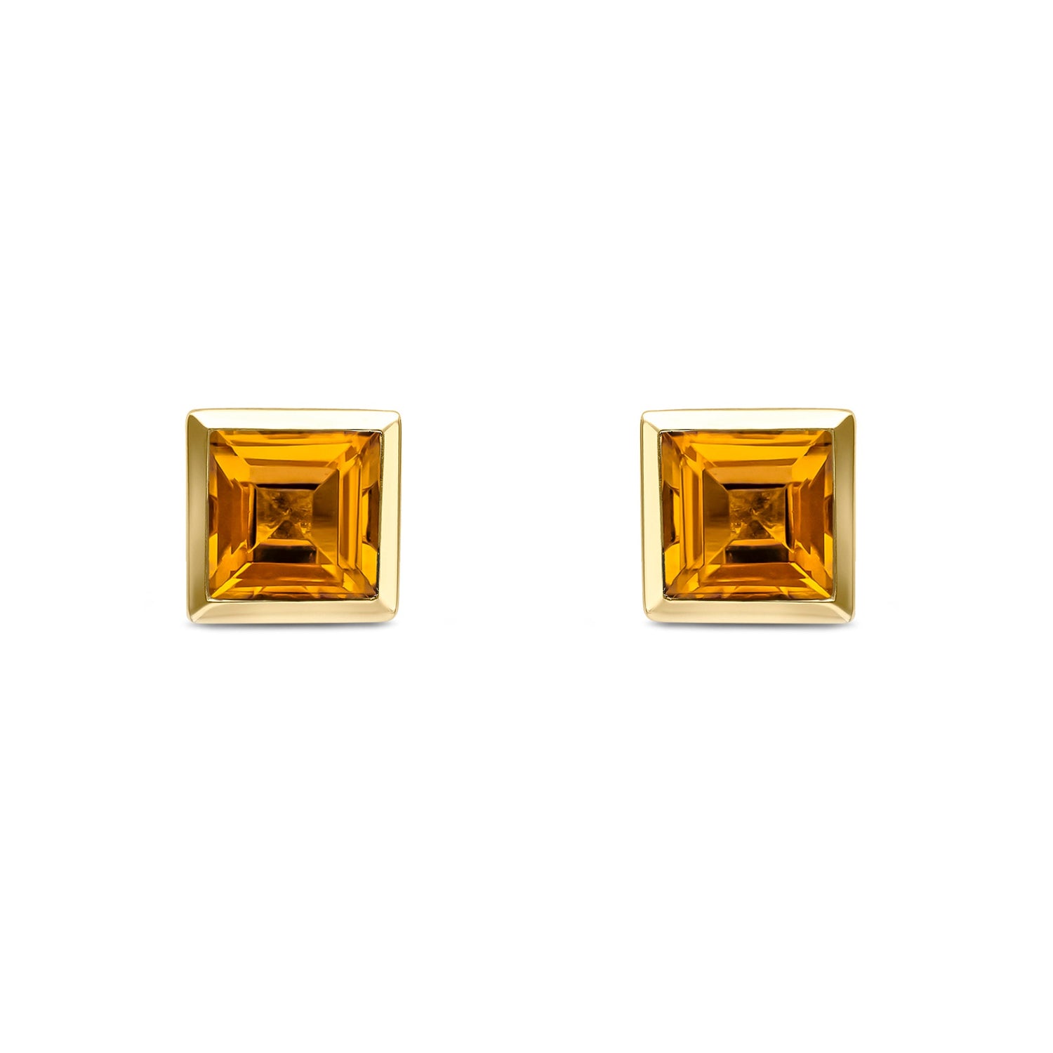 9ct Yellow Gold Square Cut Natural Citrine Rubover Stud Earrings — 5mm