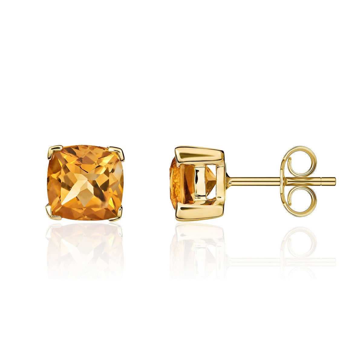 9ct Yellow Gold Cushion Natural Citrine Claw Stud Earrings — 6mm