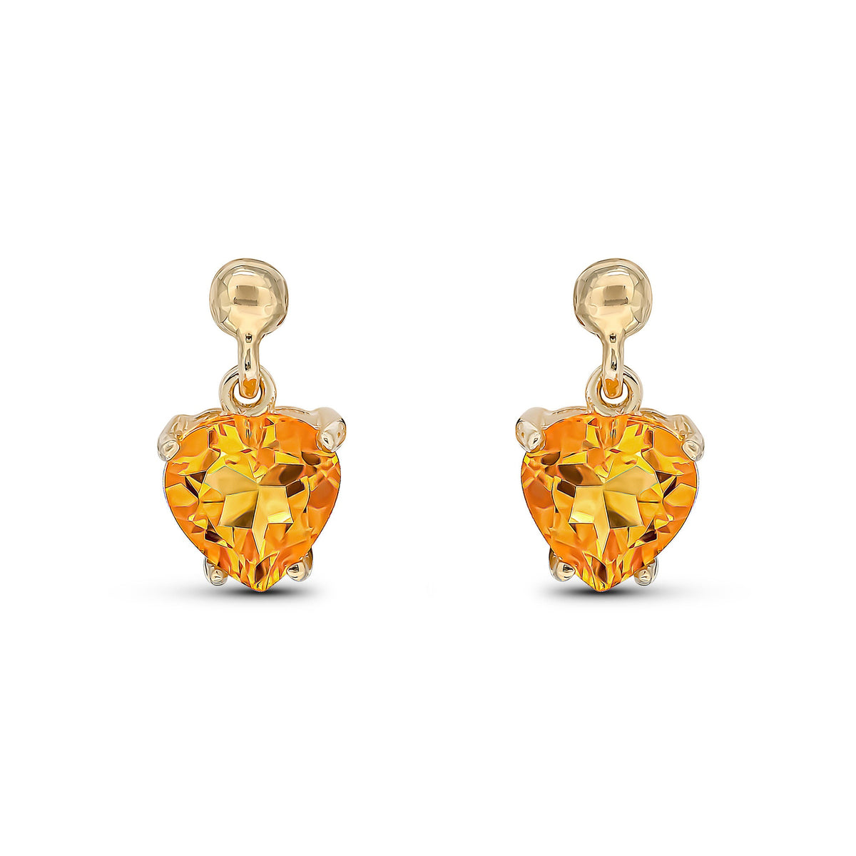 9ct Yellow Gold Heart Shaped Natural Citrine Claw Drop Earrings with Bead Top — 6mm