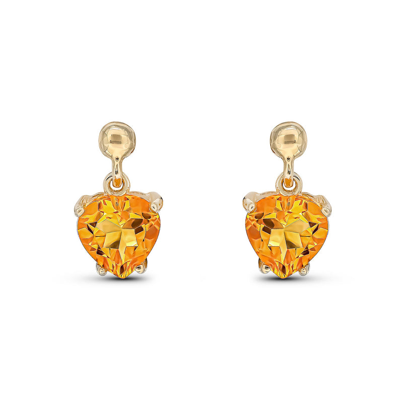 9ct Yellow Gold Heart Shaped Natural Citrine Claw Drop Earrings with Bead Top — 6mm