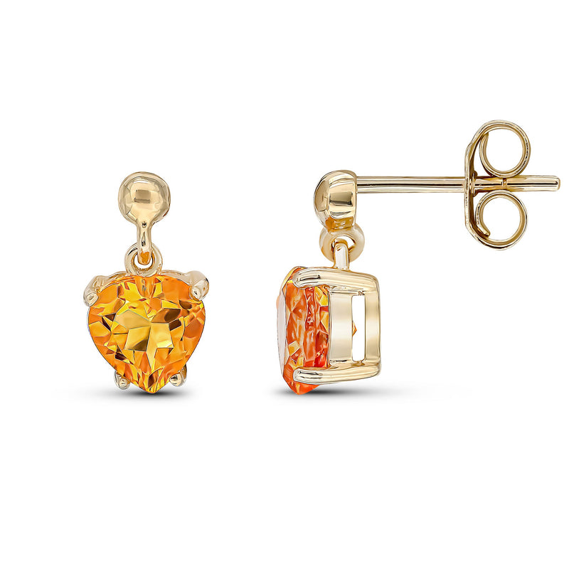 9ct Yellow Gold Heart Shaped Natural Citrine Claw Drop Earrings with Bead Top — 6mm