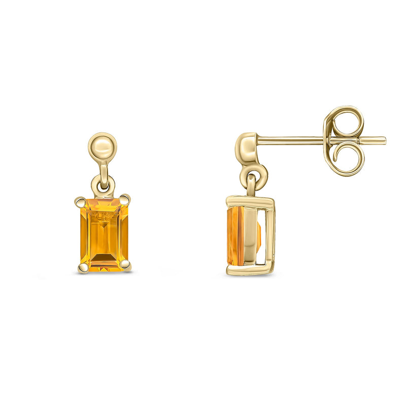 9ct Yellow Gold Octagonal Emerald Cut Natural Citrine Claw Drop Earrings — 6x4mm