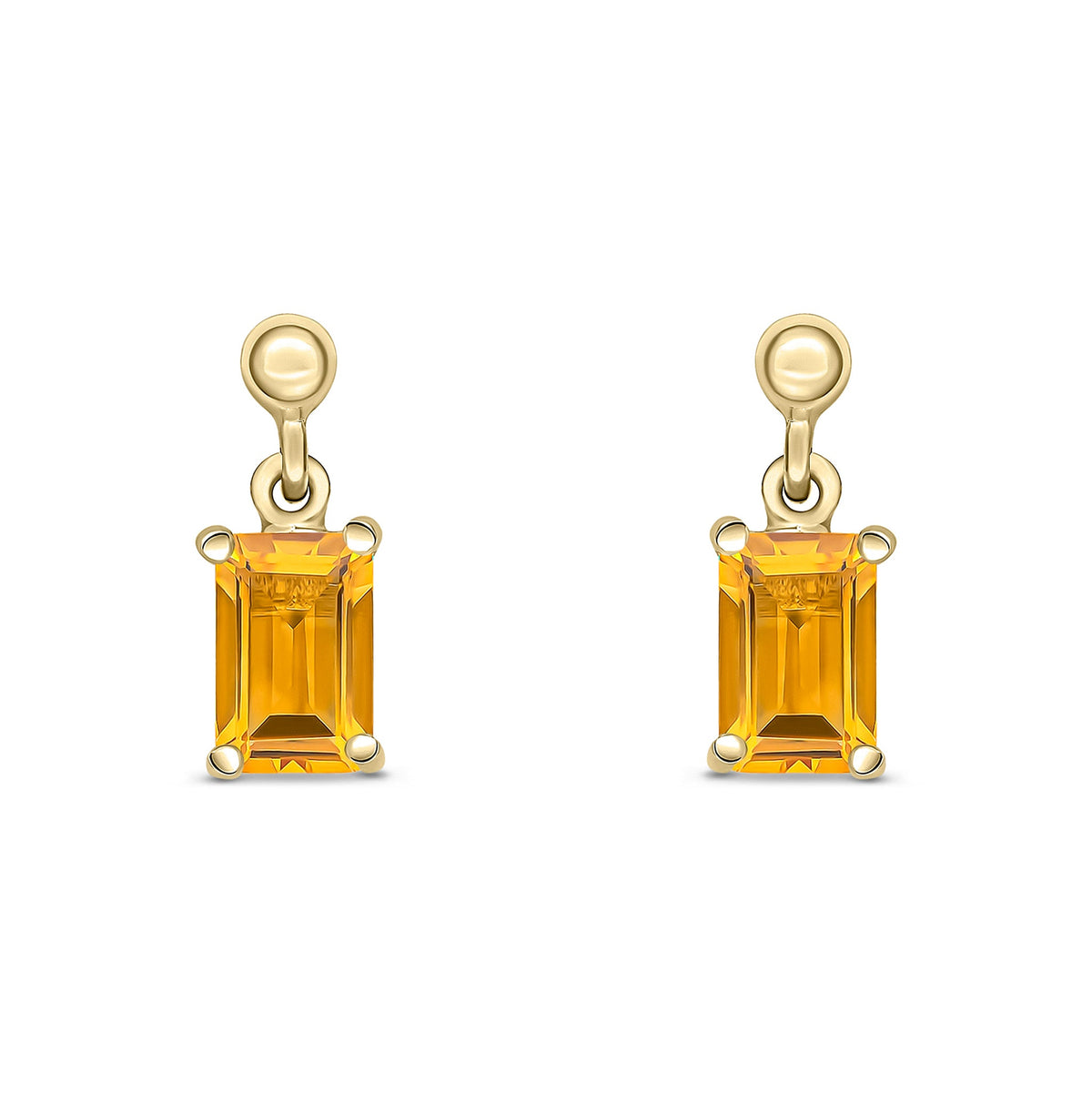 9ct Yellow Gold Octagonal Emerald Cut Natural Citrine Claw Drop Earrings — 6x4mm