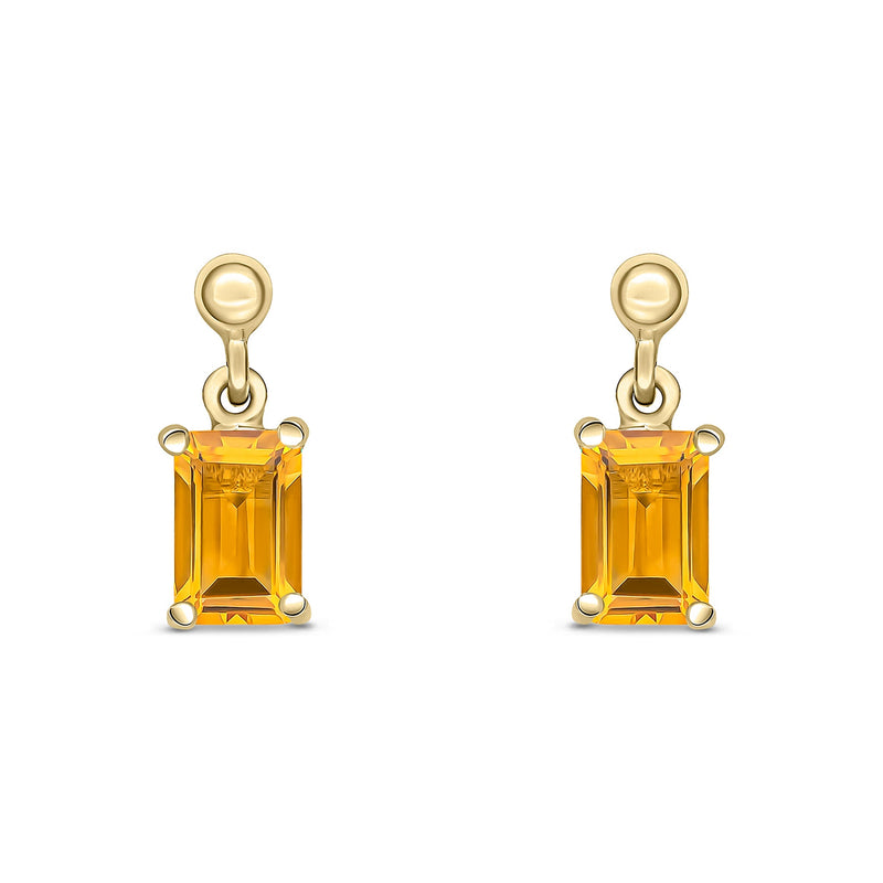 9ct Yellow Gold Octagonal Emerald Cut Natural Citrine Claw Drop Earrings — 6x4mm