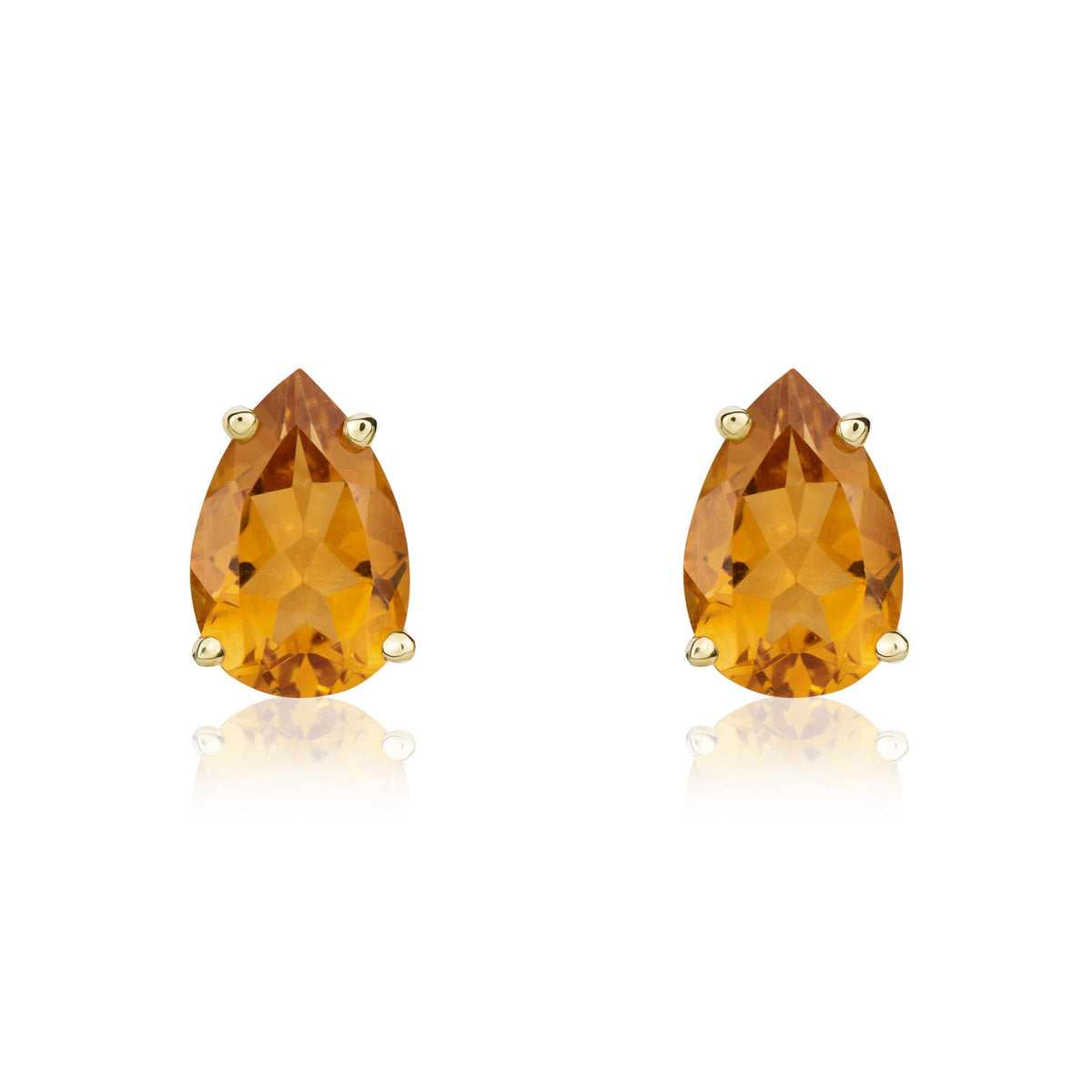 9ct Yellow Gold Pear Shaped Natural Citrine Claw Stud Earrings — 9x6mm