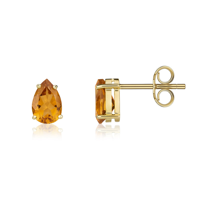9ct Yellow Gold Pear Shaped Natural Citrine Claw Stud Earrings — 9x6mm