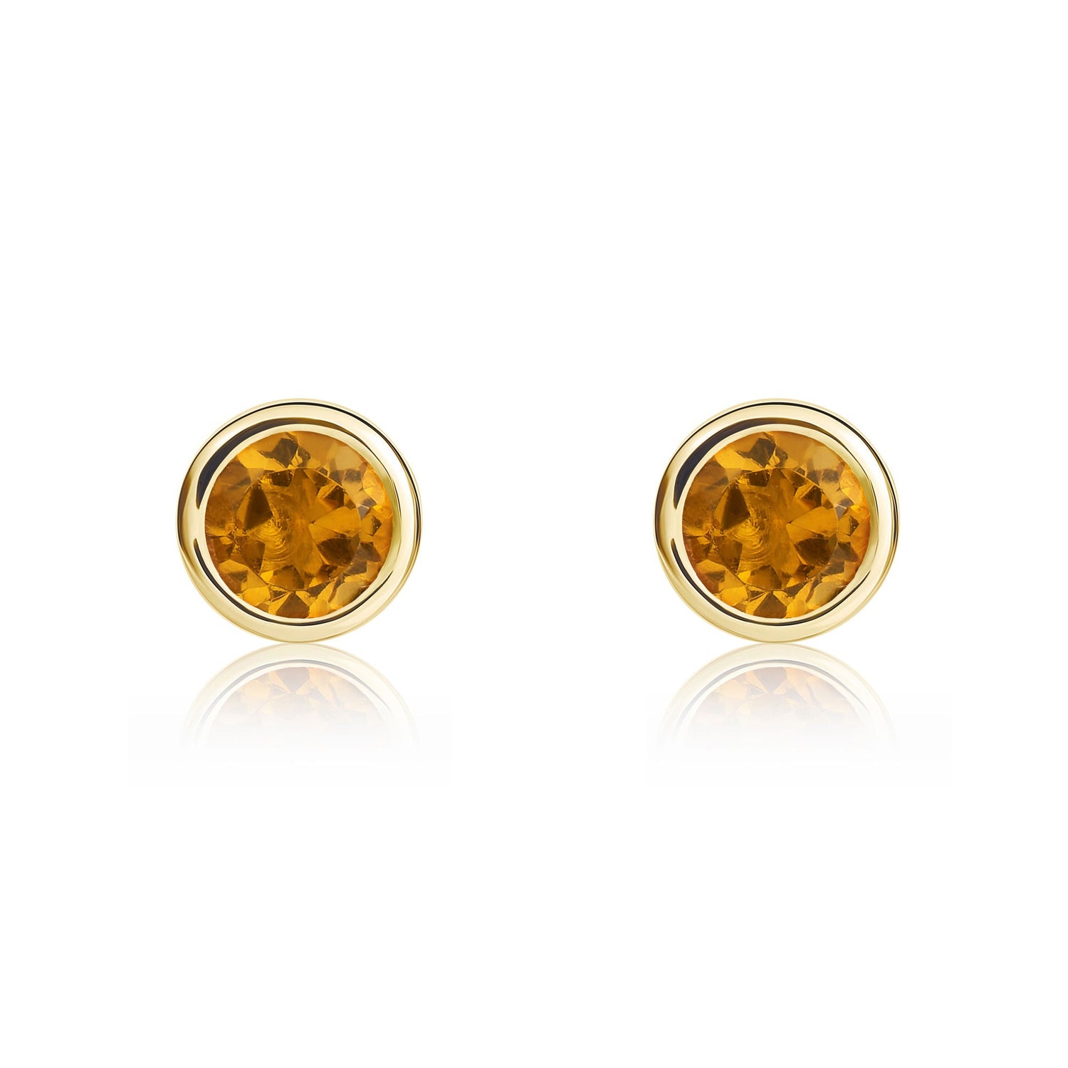 9ct Yellow Gold Round Natural Citrine Rubover Stud Earrings — 4mm