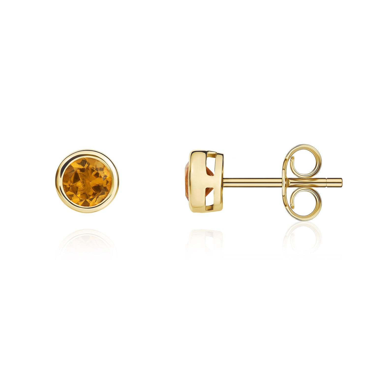 9ct Yellow Gold Round Natural Citrine Rubover Stud Earrings — 4mm