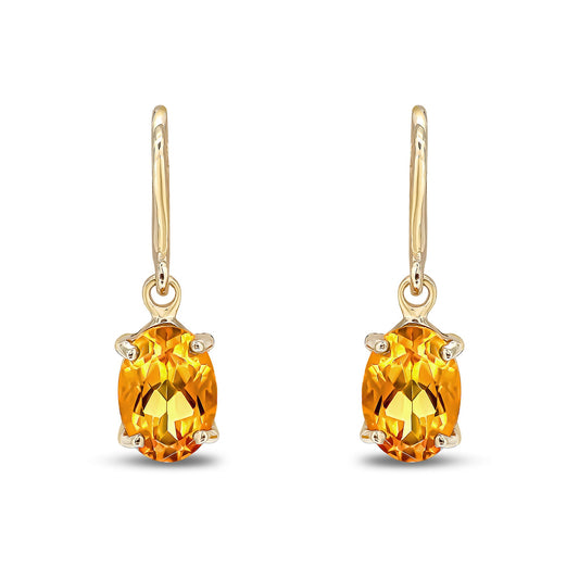9ct Yellow Gold Oval Citrine Claw Hook Drop Earrings 7x5mm
