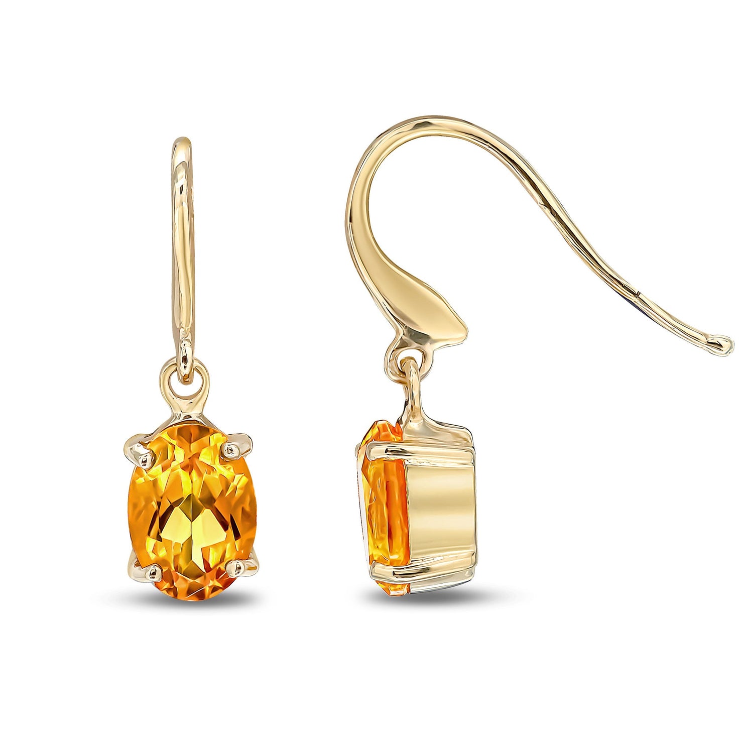 9ct Yellow Gold Oval Natural Citrine Claw Hook Drop Earrings 7x5mm