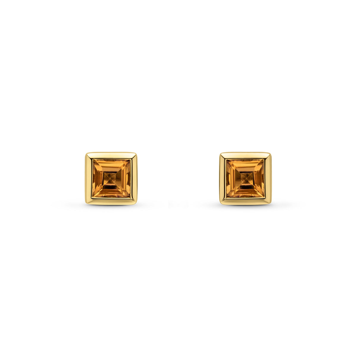 9ct Yellow Gold Square Natural Citrine Rubover Stud Earrings — 4mm
