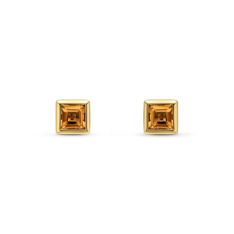 9ct Yellow Gold Square Natural Citrine Rubover Stud Earrings — 4mm