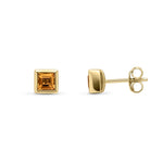 9ct Yellow Gold Square Natural Citrine Rubover Stud Earrings — 4mm