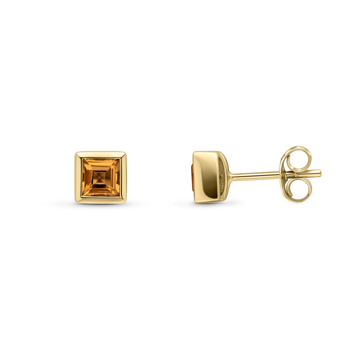 9ct Yellow Gold Square Natural Citrine Rubover Stud Earrings — 4mm