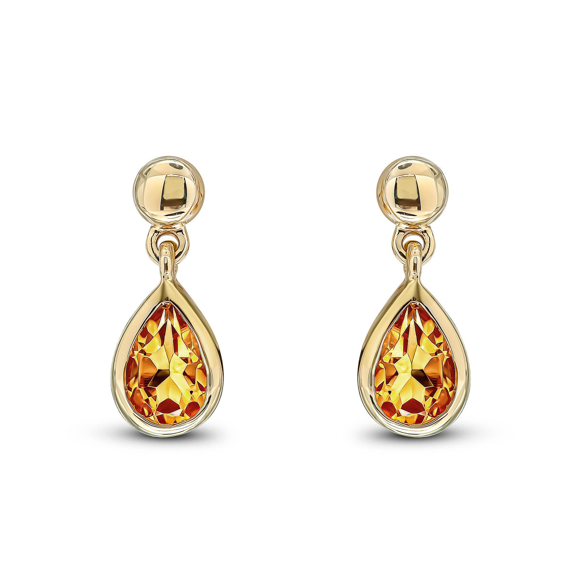 9ct Yellow Gold Pear Shaped Natural Citrine Rubover Drop Earrings with Bead Top — 6x4mm