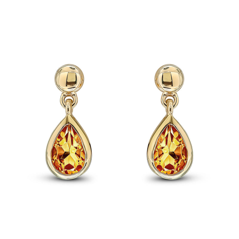 9ct Yellow Gold Pear Shaped Natural Citrine Rubover Drop Earrings with Bead Top — 6x4mm