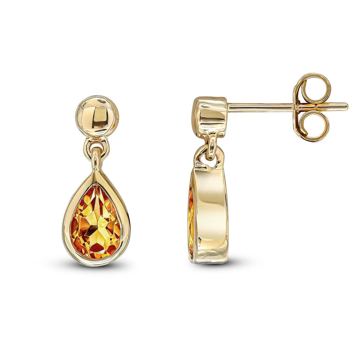 9ct Yellow Gold Pear Shaped Natural Citrine Rubover Drop Earrings with Bead Top — 6x4mm