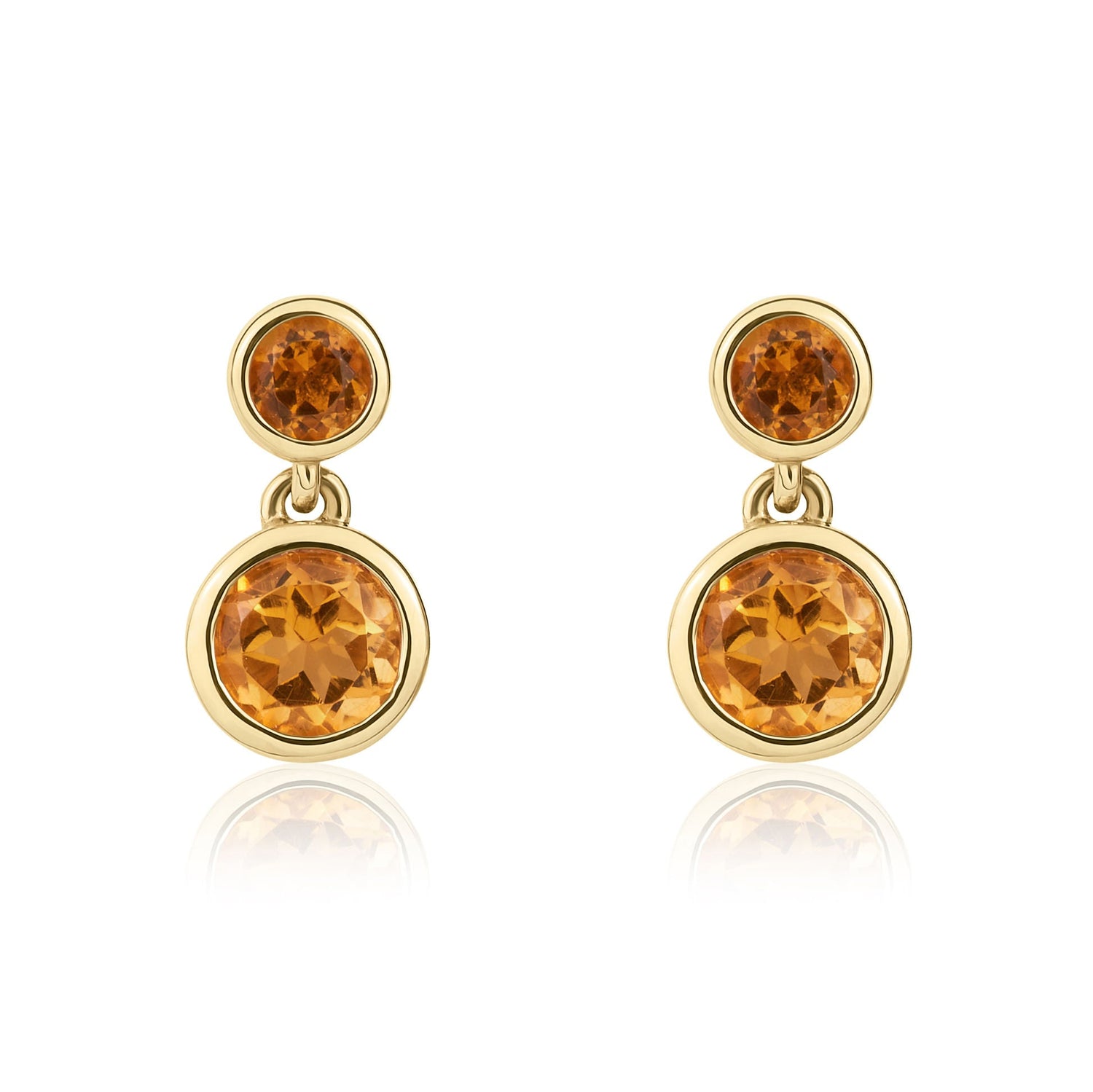 9ct Yellow Gold Round Natural Citrine Rubover Two Stone Drop Earrings — 2.5mm & 4mm