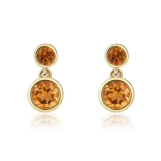9ct Yellow Gold Round Natural Citrine Rubover Two Stone Drop Earrings