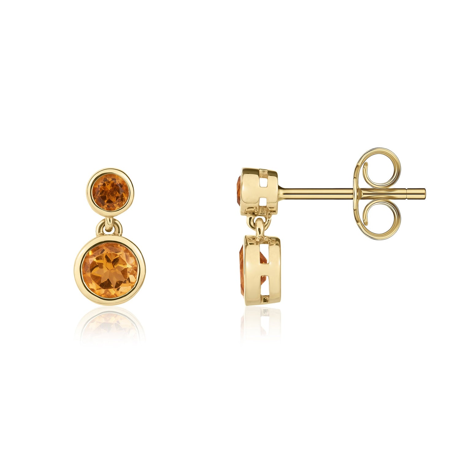 9ct Yellow Gold Round Natural Citrine Rubover Two Stone Drop Earrings — 2.5mm & 4mm