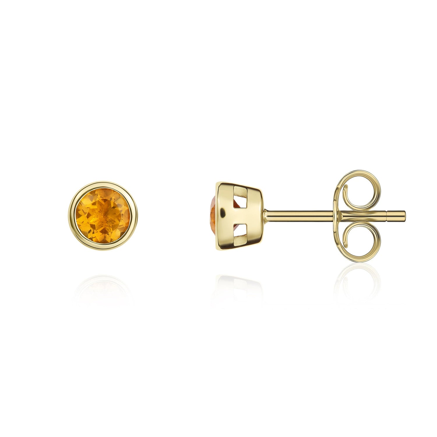 9ct Yellow Gold Round Natural Citrine Rubover Stud Earrings — 3mm