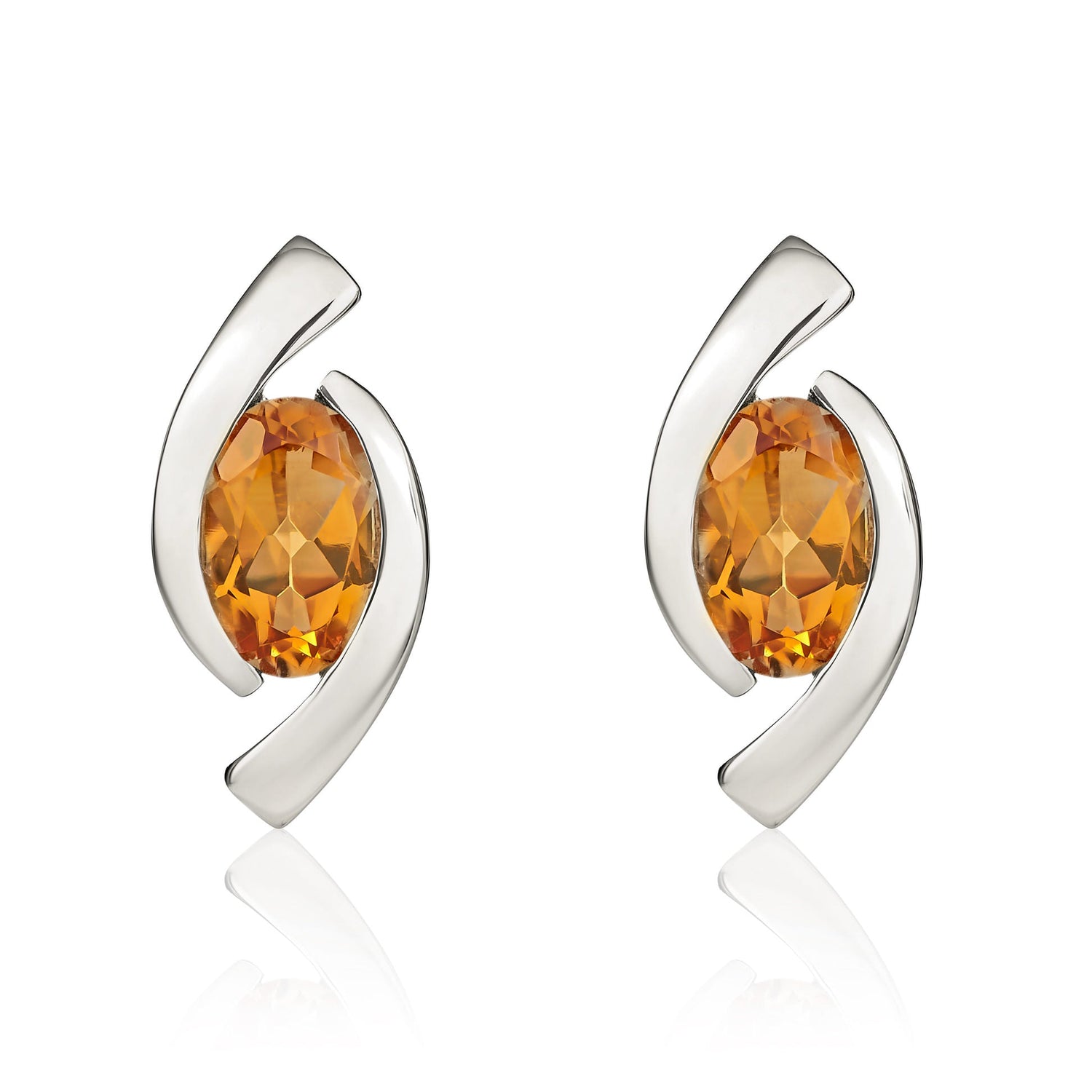 9ct White Gold Oval Natural Citrine Twist Stud Earrings — 6x4mm